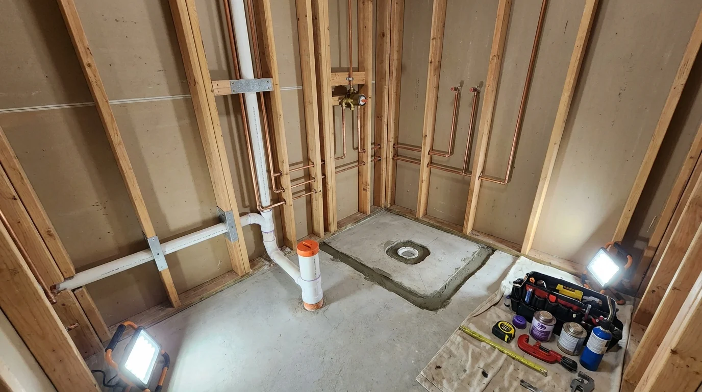Bathroom rough-in plumbing during remodel by Johns Plumbing LLC in Pound Ridge