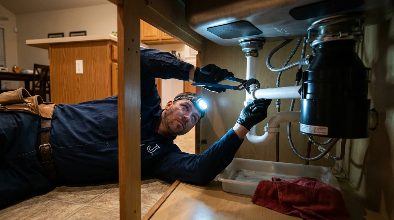 P-trap and supply line connections under a kitchen sink showing a common leak point in Pound Ridge, NY